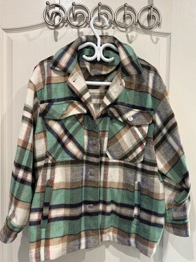 Zara Mint Green Plaid Snap-Front Shacket